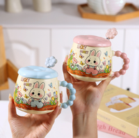 Mug en porcelaine avec couvercle et cuillère motif lapin floral - Design créatif personnalisé de dessin animé, compatible lave-vaisselle/micro-ondes, anti-fuite, boîte cadeau