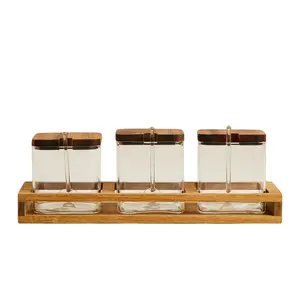 Стеллаж из дерева акации, набор из 3 стеклянных банок для специй, стеклянный держатель для специй, сальсы, варенья, прозрачный стеклянный контейнер