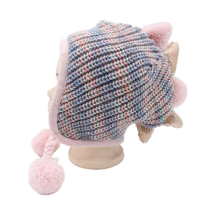 Winter Cute Double Layer Baby Dinosaur Knitted Winter Wool Earflap Hat Girls Ear Muff Hat Wool Beanie For Kids