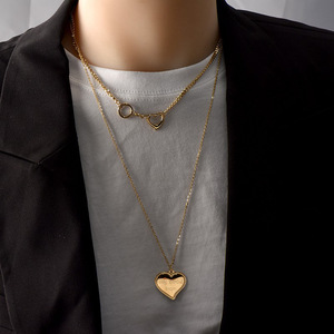 Collana con Ciondolo a Cuore 'Ti Amo Più' in Acciaio Inossidabile Placcato Oro 18K, Doppio Strato, Antiossidante, per Donna - Product Image 3