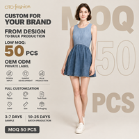 Robe mini plissée bleu clair pour femme, col rond, sans manches, jupe en jean évasée, bicolore, décontractée, personnalisable OEM