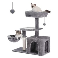 Arbre à chat moderne de luxe en bois, gain de place, tout-en-un, avec hamac profond, poteaux à gratter en sisal confortables, et niche stable en bambou et peluche