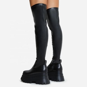 Stretch Upper Women Thick Sole High Platform Over Knee <b>Boots</b> Square Toe Chunky Heels Skintight Thigh High Booties - Product Image 2