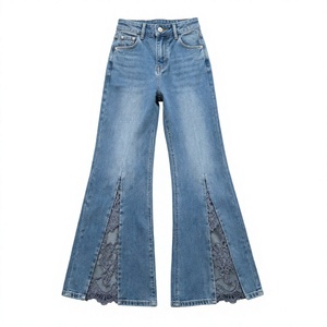 Nuevos pantalones vaqueros acampanados de encaje al por mayor para verano 2026, estilo francés chic, de cintura alta, con abertura frontal, transpirables, elegantes, azules, de pierna recta. - Product Image 4
