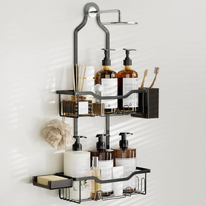 Bathroom <b>Shower</b> Head Rack With Two Layers Wall Mounted <b>Storage</b> For Shampoo And Soap Black And Silver Durable - Product Image 1