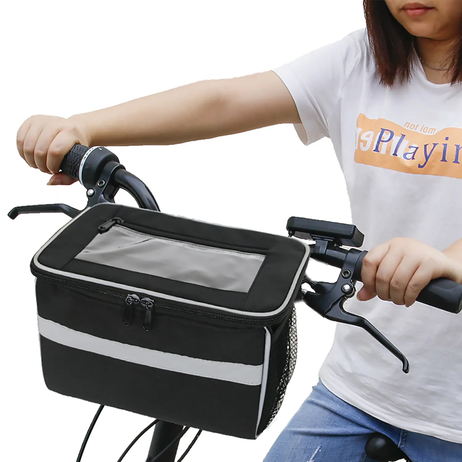 Waterproof Cold and Warm Insulation Bicycle Basket Bike Handlebar Front Bag with Reflective Stripe and Mesh Pocket for Cycling