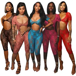 Tenues d'été pour la Saint-Valentin Femmes Sexy Lace Mesh Romper Skin Tight Cut Out Jumpsuit See Thru Body Shaping Red Lace Jumpsuit