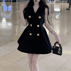 Abito gilet estivo coreano doppiopetto <span class=keywords><strong>nero</strong></span> con scollo a V senza maniche a vita alta e gonna a trapezio da donna 2026 elegante e modellante - Product Image 5
