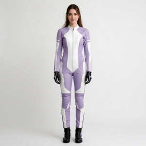 Combinaison de course moto une pièce pour femme en cuir violet et blanc, à blocs de couleur, manches longues - Product Image 1