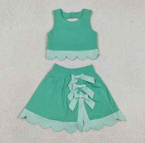 Conjunto de Ropa de Verano para Niñas: Vestido sin Mangas con Falda Tipo Camiseta y Lazo de Guingán Verde, Estilo Hermanas a Juego, Venta al por Mayor - Product Image 5