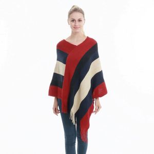 Suéter tipo capa con flecos y bloques de color, talla grande, nueva moda, venta al por mayor para mujer - Product Image 4