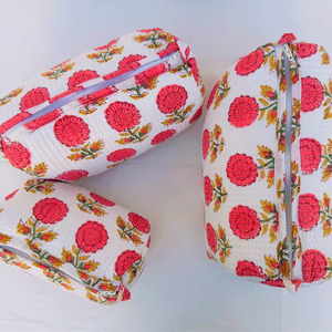 Handmade Quilted Cotton Wash Bag Block Print Embroidered Cosmetic Toiletry Travel Accessory | Large Medium and <b>Small</b> - Product Image 1