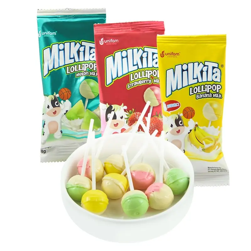 Vente en gros de bonbons exotiques importés d'Indonésie pour snack double saveur de lait Sucette de fruits