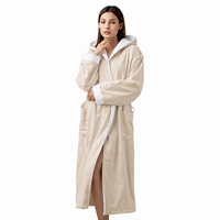 Peignoir de couple à capuche, beige, double face, très absorbant, chaud, pour les centres de villégiature et usage quotidien, longueur mollet, vêtement d'intérieur