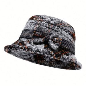 Wholesale Elegant Women Autumn Winter Tweed Fabric Bucket <b>Hat</b> With Bow Design - Product Image 5