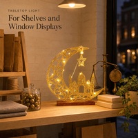Lumière à piles AA à paillettes dorées en forme de croissant de lune et de silhouette de mosquée sur base en bois pour la décoration du Ramadan, vente en gros