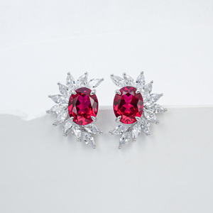 925 Silver 8x10mm Oveal Lab Ruby <b>Stud</b> <b>Earrings</b> Sterling Silver Lab-Grown Ruby Halo <b>Stud</b> <b>Earrings</b> - Product Image 1