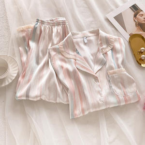 Pigiami Casual in seta a righe da <span class=keywords><strong>donna</strong></span> vestiti per la casa traspiranti per la primavera estate in tinta unita sottile di seta - Product Image 6