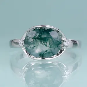 A2053 Skilled Craftsmanship 925 Sterling Silver Large Production Capacity Rhodium Plated Moss Agate Silver Ring
