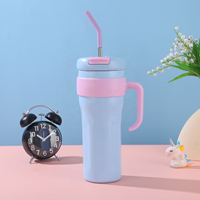 Gobelet isotherme à double paroi avec poignée, paille et couvercle anti-fuite, compatible glaçons, portable pour voiture, extérieur et voyage
