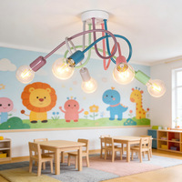 Plafonnier pour chambre d'enfant couleur macaron, design créatif à bras courbé, 5 douilles E27, lampe suspendue dessin animé, LED en fer
