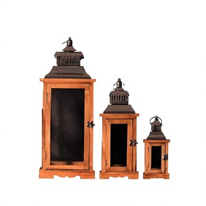 Handcrafted Wooden and Cane Lantern with Polished Metal <b>Top</b> Vintage Decorative Candle Holder with Handle - Product Image 1