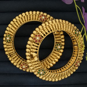 Traditional Gold Look <b>Copper</b> Antique Style South Indian Temple Kada <b>Bangles</b> Set with Natural Stone Bead Work Wedding Women Girls - Product Image 4