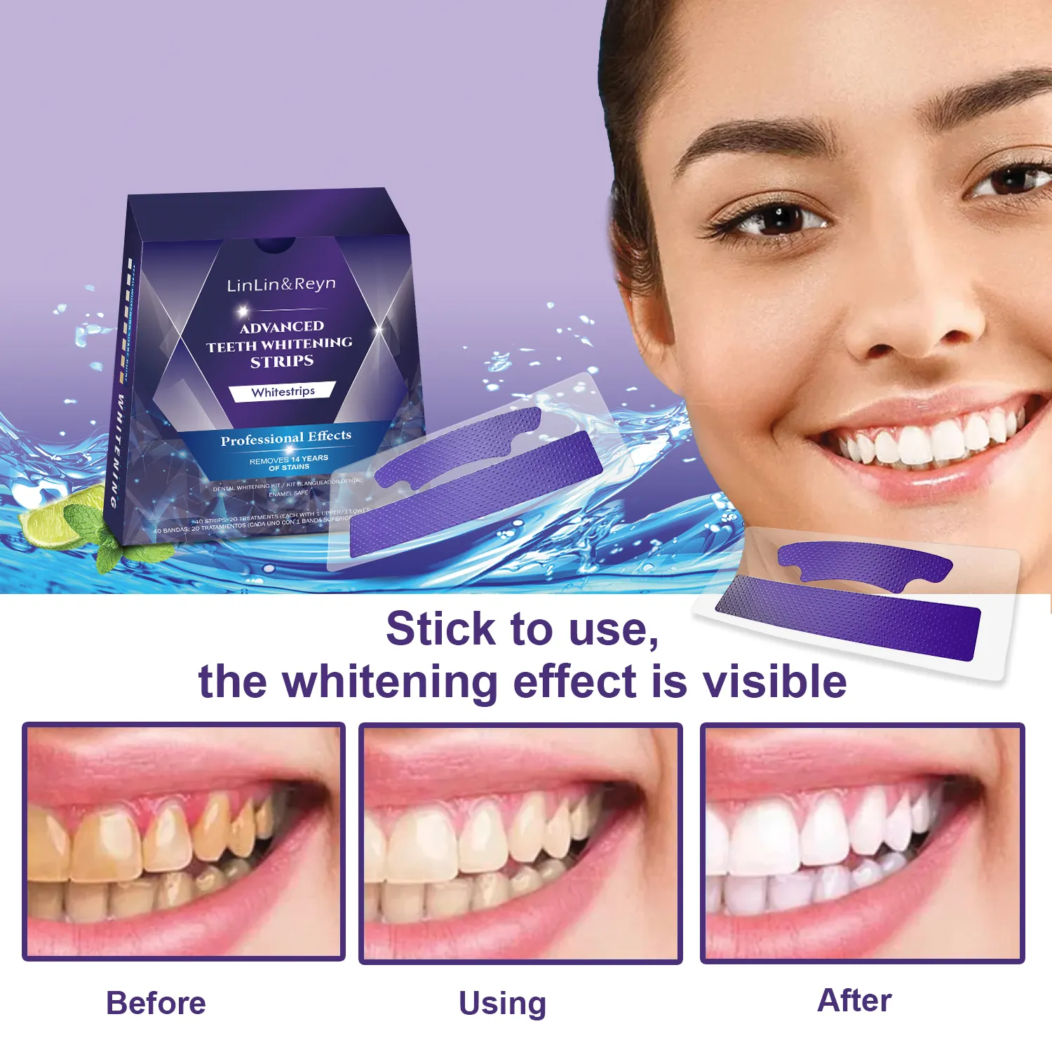 Ce Aprobado Vegan 28PCs 40PCs Sensitive Free V34 Púrpura Tiras para blanquear los dientes Logotipo privado