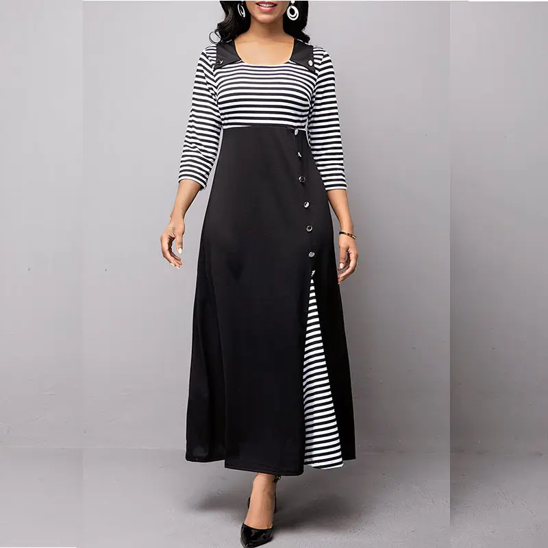 2022 autumn winter new retro stitching striped plus size women long dress