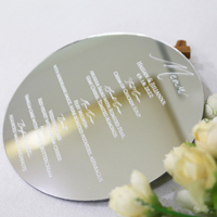 Tarjetas de Menú Acrílicas Elegantes de Forma Redonda con Espejo Plateado y Detalles en Blanco para Restaurantes, Bodas y Eventos