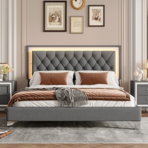 Queen <b>Bed</b> <b>Frame</b> with Velvet Upholstered Wingback Headboard Adjustable with Charging Ports No Box Spring Needed - Product Image 1