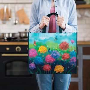 Sacs de courses réutilisables, grands sacs pliables en tissu non tissé avec motif de papillons et de fleurs pour les courses, capacité de 50 lb - Product Image 6