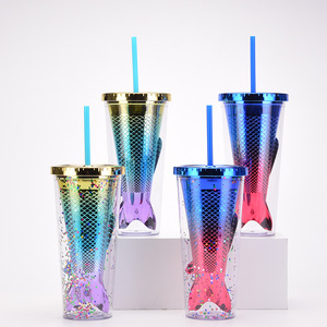 Botella de agua de plástico creativa al por mayor 2026, con diseño de sirena degradado, colorida y brillante, estilo sirena, con pajita, taza de agua con pajita, sirena. - Product Image 1