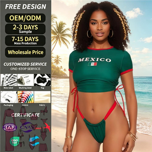 Bikini deux pièces personnalisé pour femme, haut court à manches courtes, bas froncé à nouer sur le côté, motif drapeau, maillot de bain pour festival et fête, fournisseur OEM - Product Image 1