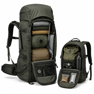 Mochila de senderismo y trekking con compartimento para saco de dormir, tapa de transporte, lona antidesgarro, cinturón de cadera y diseño geométrico portátil - Product Image 5