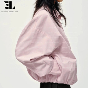 LARSUR Custom Denim Factory Distressed Wash Cotton Twill Cropped Bomber <strong>Jacket</strong> with <strong>Flannel</strong> Plaid Lined Streetwear <strong>Jacket</strong> <strong>Women</strong> - Product Image 3