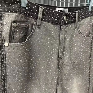 Celana <span class=keywords><strong>Jeans</strong></span> Pria Model Baggy Distressed Vintage Sun Faded Rhinestone Bling OEM ODM Pinggang Tinggi Streetwear - Product Image 3