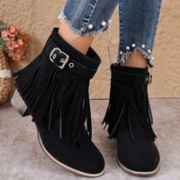 Sepatu Boots Wanita Musim Gugur 2026, Hak Tebal, Berumbai, Penambah Tinggi, Penghangat, Produk E-commerce Lintas Batas