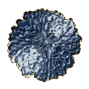 Luxury Golden Rim Corn Leaf Series Special Custom Blue Gold White Irregular Glass Charger Plates for Wedding Decorations