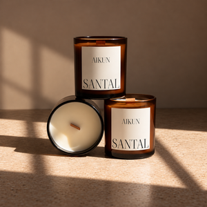 Bougie parfumée Aikun en verre ambré avec mèche en bois, parfum Santal, pour la décoration de la maison, étiquette personnalisée, emballage cadeau, commande en gros - Product Image 1