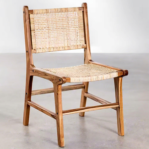 Chaise de salle à manger moderne minimaliste en teck massif avec assise confortable en rotin, durable, en métal, pour extérieur, jardin, banquets, pique-niques, bar à domicile - Product Image 1