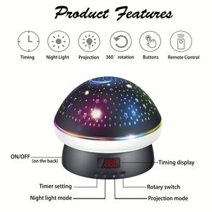 Lámpara de Mesa con Proyección de Estrellas en Forma de Hongo, Proyector de Estrellas Giratorio de 360 Grados con Temporizador, Luz Nocturna para Habitación Infantil, Juguetes para Niñas - Product Image 6