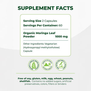 Cápsulas de Folha e Pó de <span class=keywords><strong>Moringa</strong></span> Oleifera Orgânica Natural (60 Cápsulas) para Suporte Imunológico Adulto - Atacado de Fábrica ISO - Product Image 5
