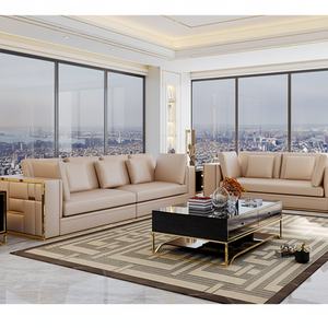 Ensemble de canapés modernes et confortables de luxe en cuir nubuck véritable avec des bords en métal doré pour les grands espaces ouverts offrant un luxe haut de gamme - Product Image 4