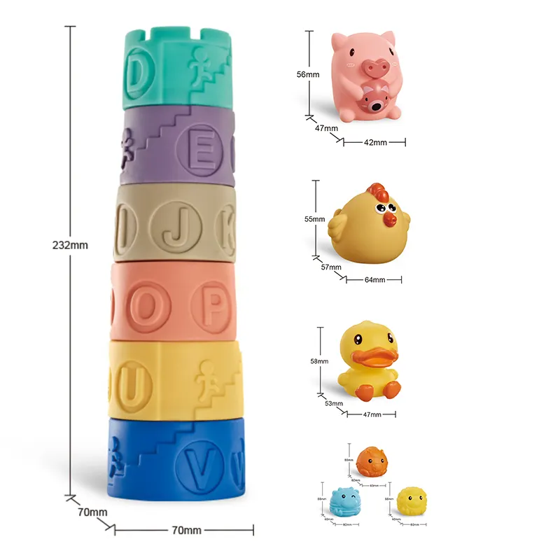 Morbido blocco di costruzione animale impilamento tazza di colla dentale per bambini di educazione precoce cognitivo Puzzle per bambini giocattoli impilabili
