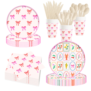 Kit de Décoration de Table pour Fête d'Anniversaire d'Enfant DAMAI, Nœud Rose, Assiettes en Papier Jetables, Bannière, Nappe, Ensemble de Vaisselle de Fête - Product Image 2