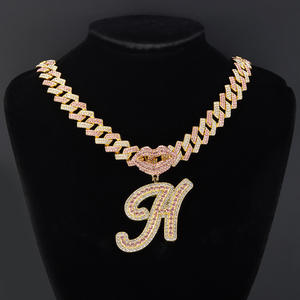 Collana con Ciondolo a Forma di Lettera, Stile Sportivo con Diamanti, Catena <span class=keywords><strong>in</strong></span> Lega Cubana, Esclusiva Transfrontaliera - Product Image 2