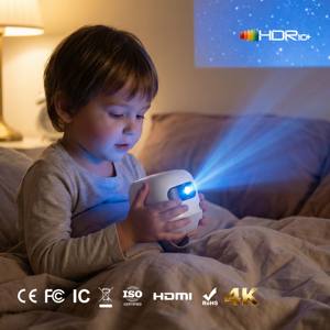 โปรเจคเตอร์พกพาขนาดเล็ก ระบบแอนดรอยด์ รองรับ WiFi 6 ความละเอียด 4K <span class=keywords><strong>HD</strong></span> ฉายระยะใกล้ รองรับ 3D แบตเตอรี่ในตัว ลำโพงในตัว ฉายภาพกลางแจ้ง ขนาด 200 นิ้ว เหมาะสำหรับการตั้งแคมป์ - Product Image 1