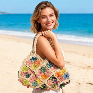 Sac seau tressé en raphia motif floral été 2026, grand sac à main polyvalent fait main pour femme, idéal pour les vacances à la plage et la mode estivale - Product Image 4