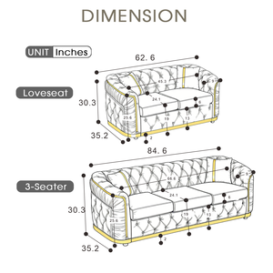 Juego de Sofás Chesterfield de Lujo de 2 Piezas en Terciopelo, Sofá de 3 Plazas de 84.6 Pulgadas, Sofá de Dos Plazas de 62.6 Pulgadas, Moderno, para Sala de Estar de Hotel, Acero Inoxidable Dorado 4 - Product Image 6